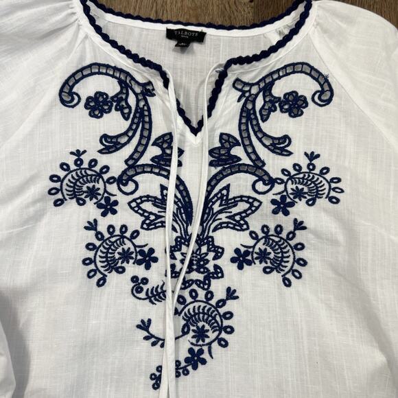 Talbots Popover Top Womens SP Linen Blend Embroidered Split Neck Tassels Boho - Picture 6 of 11